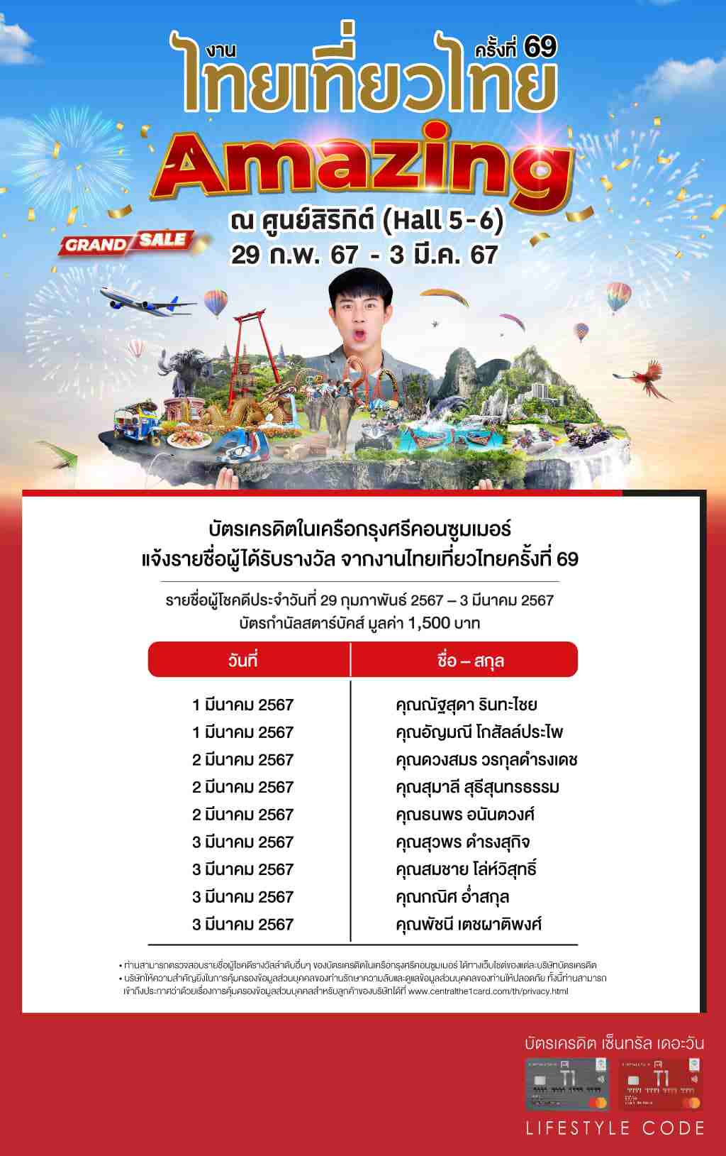 ประกาศรายชื่อผู้ได้รับรางวัล จากงานไทยเที่ยวไทยครั้งที่ 69