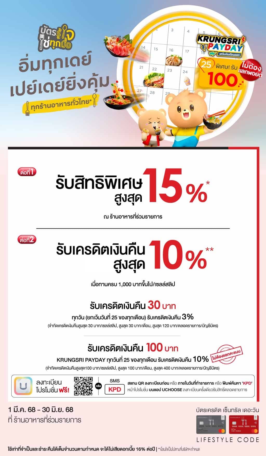 รับสิทธิพิเศษสูงสุด 15%* + รับเครดิตเงินคืนสูงสุด 10%* ที่ร้านอาหารที่ร่วมรายการ
