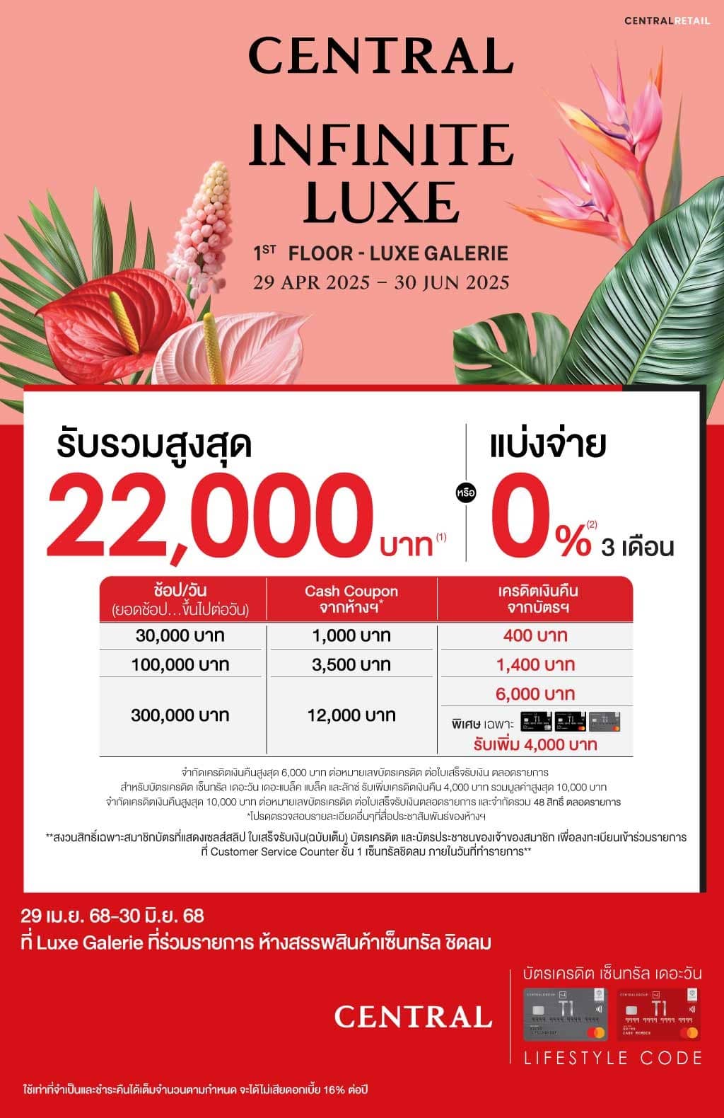 รับรวมสูงสุด 22,000 บาท* ที่ Luxe Galerie ที่ร่วมรายการ ห้างสรรพสินค้าเซ็นทรัล ชิดลม  