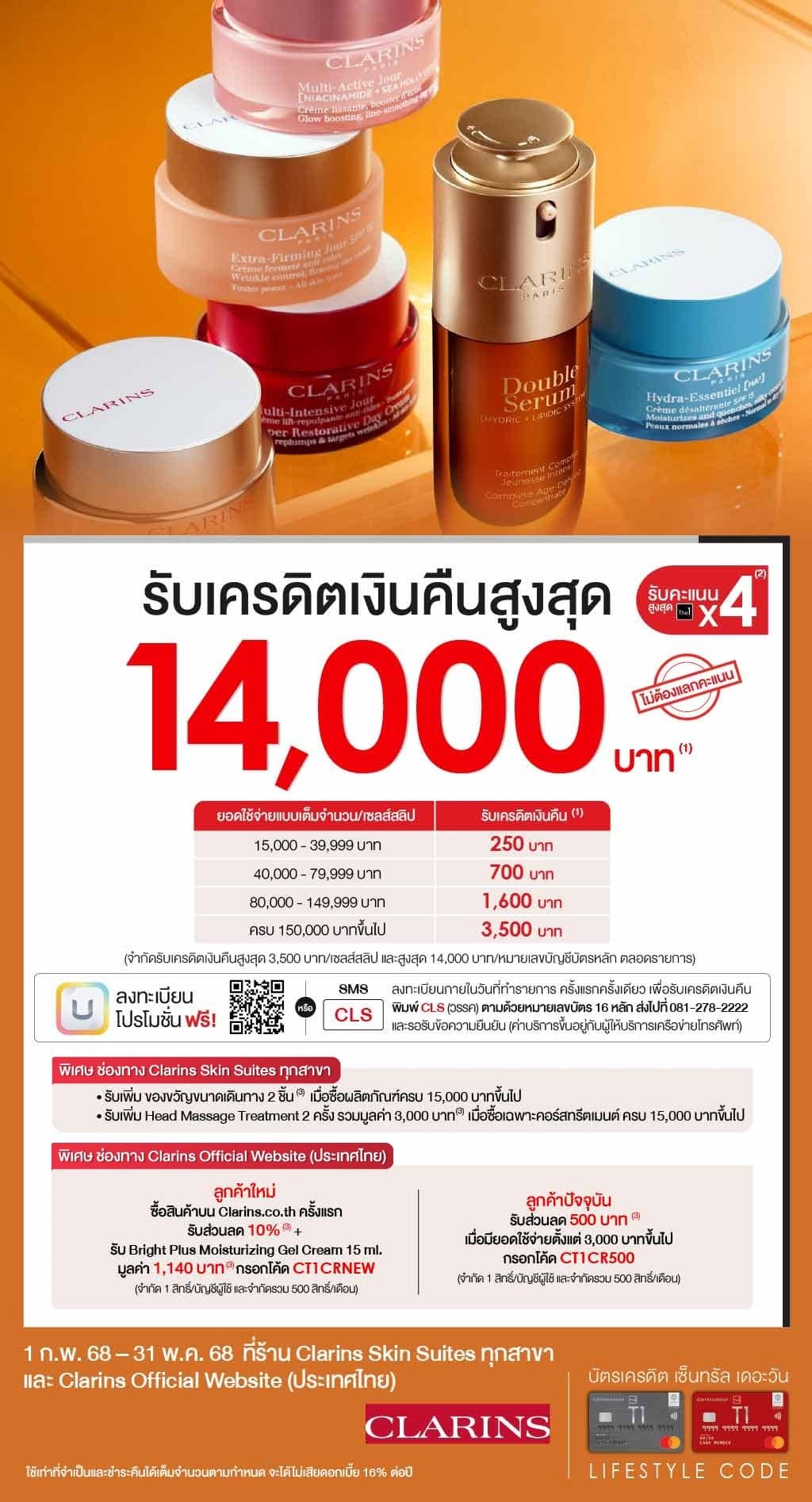รับเครดิตเงินคืนสูงสุด 14,000 บาท* + รับคะแนนเดอะวันสูงสุด x4* ที่ ร้าน Clarins Skin Suites ทุกสาขา และ Clarins Official Website (ประเทศไทย)