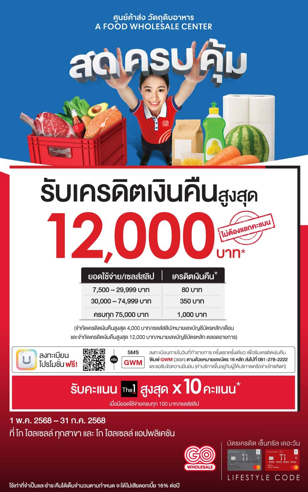 รับเครดิตเงินคืนสูงสุด 12,000 บาท* + รับคะแนน เดอะวัน สูงสุด x10 คะแนน* ที่ โก โฮลเซลล์ ทุกสาขา และ โก โฮลเซลล์ แอปพลิเคชัน