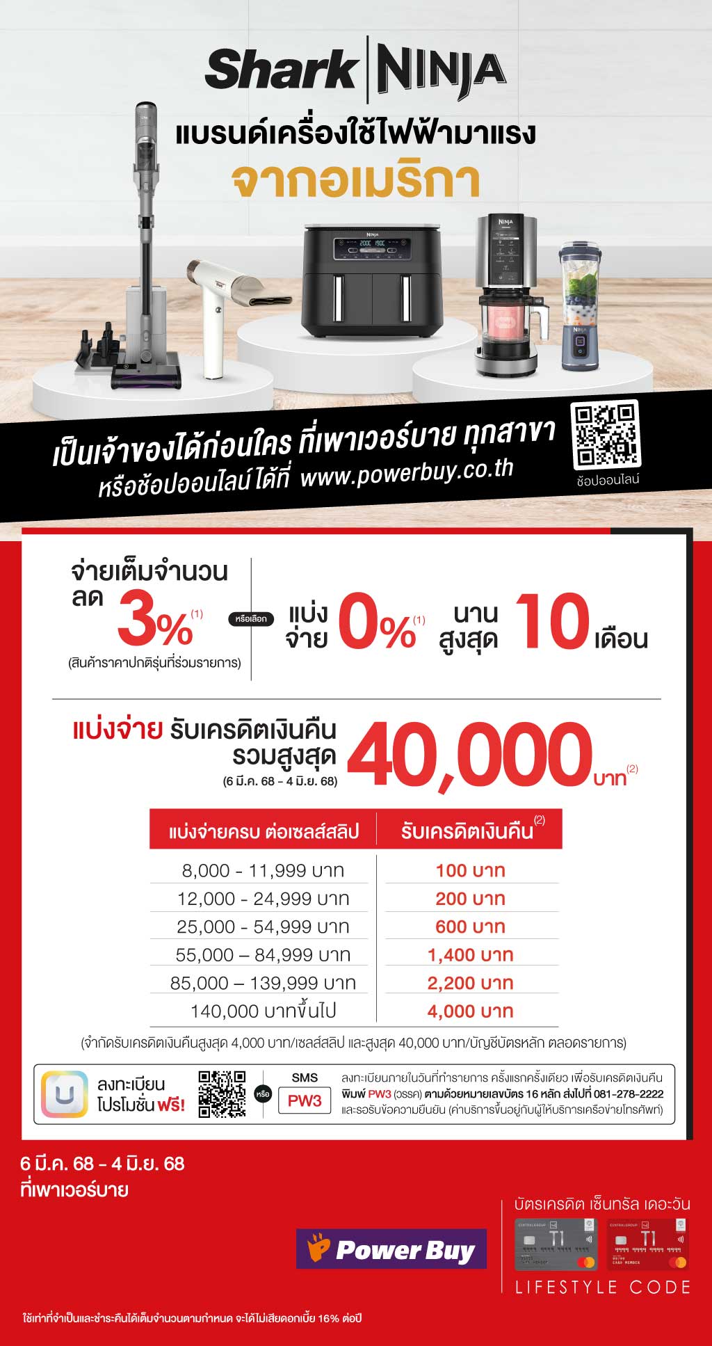 แบ่งจ่าย 0%* สูงสุด 10 เดือน+รับเครดิตเงินคืนรวมสูงสุด 40,000 บาท* ที่ เพาเวอร์บาย