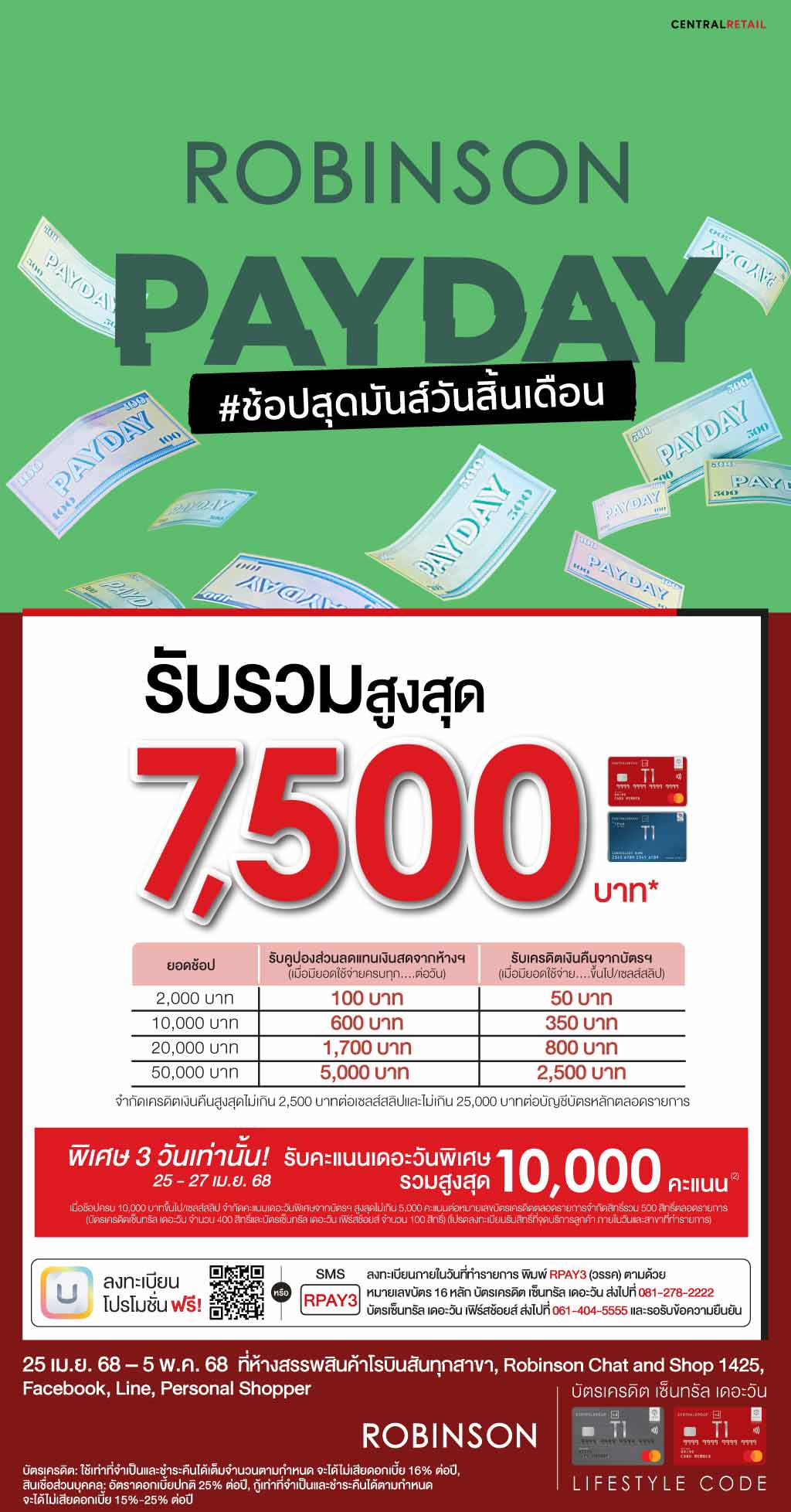 รับคูปองและเครดิตเงินคืน รวมสูงสุด 7,500 บาท ห้างสรรพสินค้าโรบินสันทุกสาขา Robinson Chat and Shop 1425, Facebook  Live, Personal Shopper (ยกเว้นสาขาจังซีลอนและพะเยา)