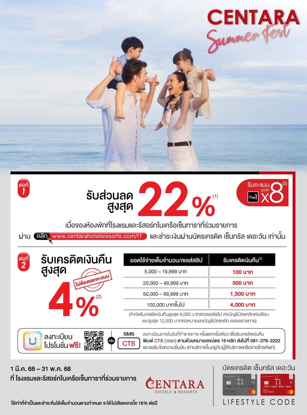 รับส่วนลดสูงสุด 22%* +รับเครดิตเงินคืนสูงสุด 4%* ที่ โรงแรมและรีสอร์ทในเครือเซ็นทาราที่ร่วมรายการ